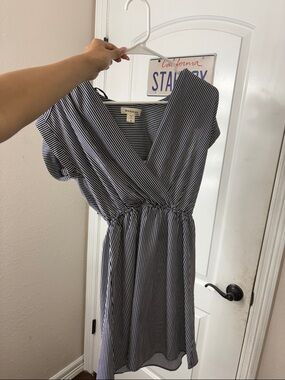 Monteau Navy & White Striped Wrap-Style Midi Dress